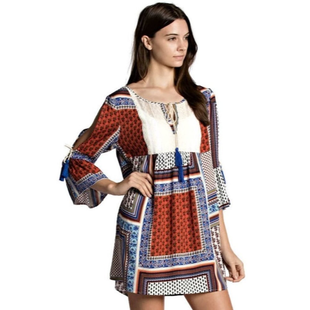 Kori America Tassel and Lace Dress, Orange Mix